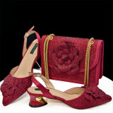Black+Gold Pointed-Toe High-Heeled Shoes With Square Shoulder Bags Flower Decoration Ladies' Shoe And Bag Set