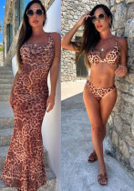 Women Leopard Print Beach Bikini Swimsuit Three-Piece