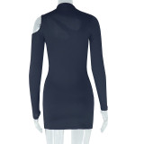 Women's Fashion Sexy Long Sleeve Round Neck Solid Color Tight Fitting Bodycon Short Dress