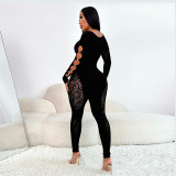 Winter Solid Color Round Neck Lace One-Piece Knitting Slim Sexy Diamond Jumpsuit