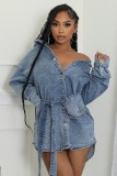 Autumn Denim Turndown Collar Long Sleeve Single Breasted Slim Fit Belt Fashion Denim Dress