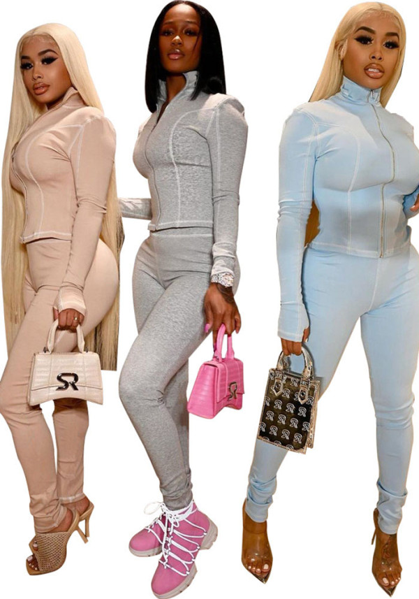 Women's Casual Long Sleeve Tight Slim Sport Two Piece Pants Set