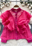Luxury Ruffles Patchwork Round Neck Pearl Single-Breasted Lace Crop Top