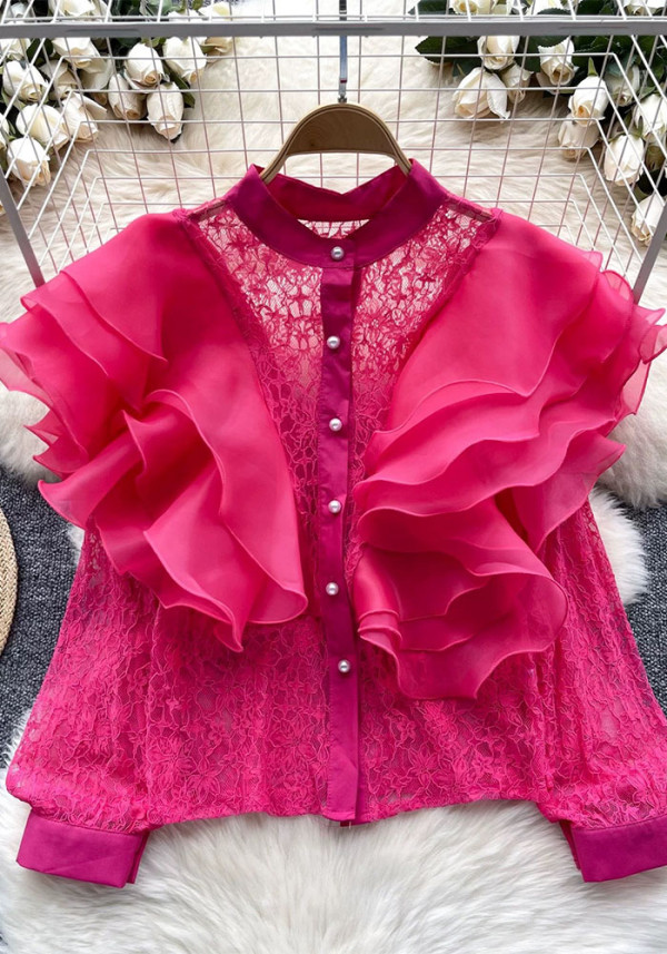 Luxury Ruffles Patchwork Round Neck Pearl Single-Breasted Lace Crop Top