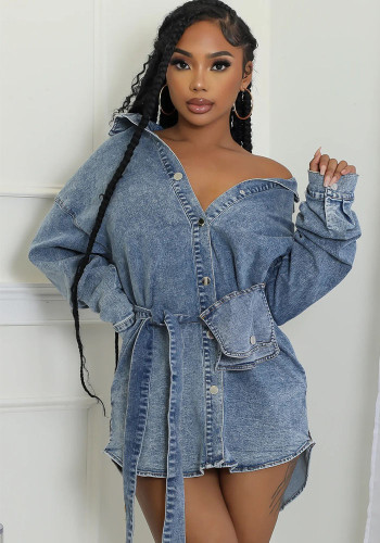 Autumn Denim Turndown Collar Long Sleeve Single Breasted Slim Fit Belt Fashion Denim Dress