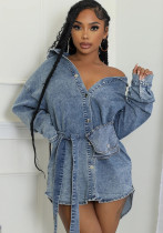 Autumn Denim Turndown Collar Long Sleeve Single Breasted Slim Fit Belt Fashion Denim Dress Autumn Denim Turndown Collar Long Sleeve Single Breasted Slim Fit Belt Fashion Denim Dress