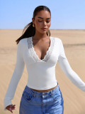 V-Neck Patchwork Lace Sexy Long-Sleeved Slim Top