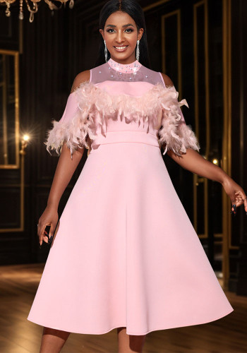 Women Formal Party See-Through Off-Shoulder Feather Dress