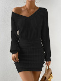 Women Fall and Winter Ribbed V Neck Long Sleeve Bodycon Dress