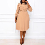 Women Solid Casual Pleated Belt Dress