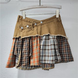 Women American Plaid Patchwork Irregular Denim Skirt