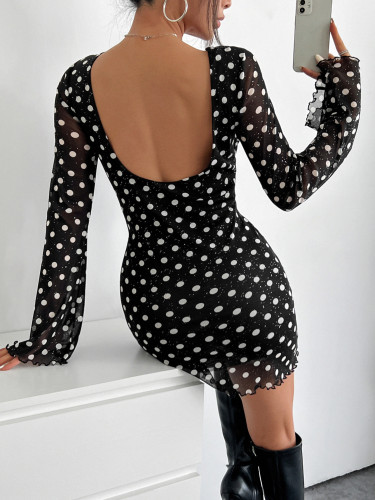 Women's Mesh Polka Dot Print Round Neck Low Back Long Sleeve Dress