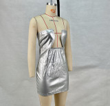Women's Pu Leather Strapless Sexy Low Back Bodycon Dress