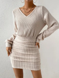 Women Fall and Winter Ribbed V Neck Long Sleeve Bodycon Dress