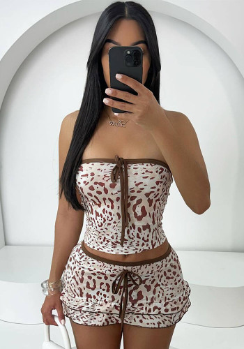 Women Leopard Print Contrast Lace Strapless Top+Mini Skirt Two Piece Set