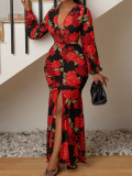 Plus Size Women Spring Print Slit Dress