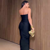 Women's Autumn Winter Fashion Sexy V-Neck Strapless Slim Pleated Solid Color Dress