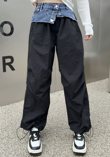 Women American Street Denim Patchwork Contrast Cargo Pants