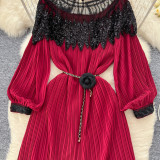 Beaded Chic Lantern Sleeve Pleated Dress