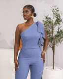 Women's Spring Summer Solid Color Sleeveless Slash Shoulder Top Slim Pants Two-Piece Set