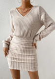 Women Fall and Winter Ribbed V Neck Long Sleeve Bodycon Dress