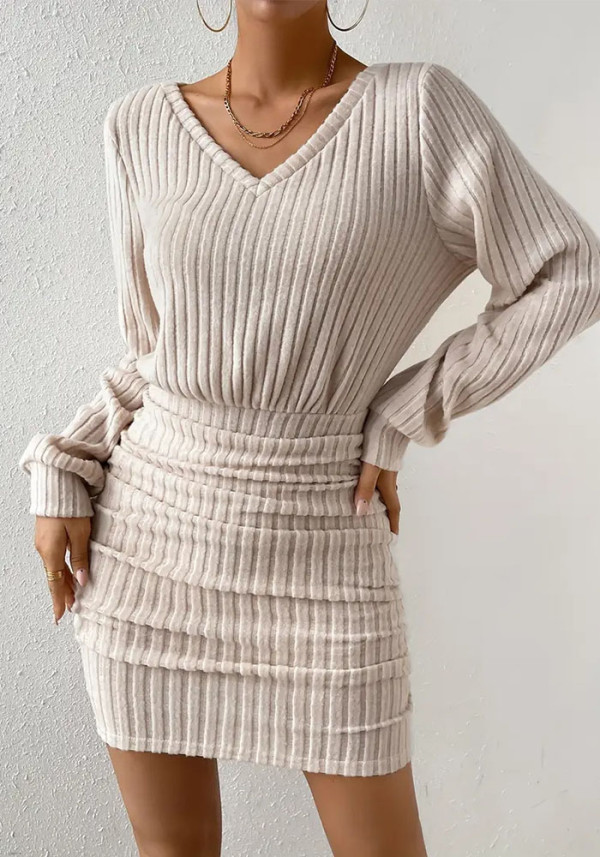 Women Fall and Winter Ribbed V Neck Long Sleeve Bodycon Dress