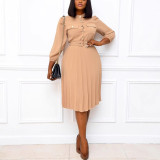 Women Solid Casual Pleated Belt Dress