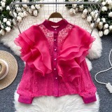 Luxury Ruffles Patchwork Round Neck Pearl Single-Breasted Lace Crop Top