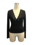 V-Neck Patchwork Lace Sexy Long-Sleeved Slim Top