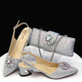 Ladies' Shoe And Bag Set Combination Low-Heeled Pointed-Toe Heeled Sandals With Square Diamond Bags