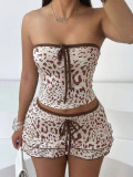 Women Leopard Print Contrast Lace Strapless Top+Mini Skirt Two Piece Set