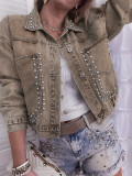 Women's Rivet Decoration Denim Jacket Oversize Long Sleeve Turndown Collar Short Multi-Color Coat