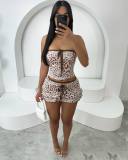 Women Leopard Print Contrast Lace Strapless Top+Mini Skirt Two Piece Set