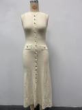 Women Knitting Elegant Sleeveless Button Dress