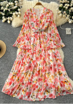 V-Neck Bell Bottom Long Sleeve Print Chiffon Dress Autumn Slim Waist Chic Knee-Length Dress V-Neck Bell Bottom Long Sleeve Print Chiffon Dress Autumn Slim Waist Chic Knee-Length Dress