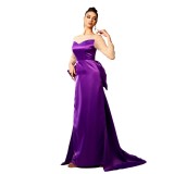 Long Sleeve Round Neck Formal Party Beaded Bow Evening Dress Women Bridesmaid Gown