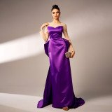 Long Sleeve Round Neck Formal Party Beaded Bow Evening Dress Women Bridesmaid Gown