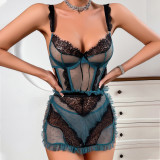 Fashion Sexy Contrast Color Mesh See-Through Hollow Low Back Temptation Sexy Lingerie