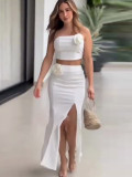 Summer Solid Color Strapless Tops Slit Long Skirts Fashion Two Piece Set