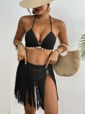 Women Patchwork Lace-Up Tassel Skirt Bikini Two Piece Set