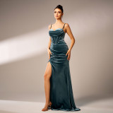 Strap Formal Party Velvet High-Slit Evening Dress Female Bridesmaid Gown