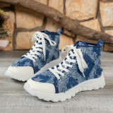 Autumn Winter Thick-Soled Washed Denim Plaid Women Casual Short Boots