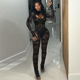 Women Sexy Lace Hollow See-Through Bodysuit and Pants Two Piece Set