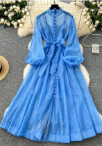 Spring Autumn Diamond Stand Collar Lantern Sleeve Button Belt Slim Waist Chic Dress Spring Autumn Diamond Stand Collar Lantern Sleeve Button Belt Slim Waist Chic Dress