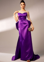 Long Sleeve Round Neck Formal Party Beaded Bow Evening Dress Women Bridesmaid Gown