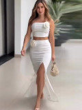 Summer Solid Color Strapless Tops Slit Long Skirts Fashion Two Piece Set