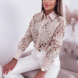 Spring Autumn Career Women Fashion Lace Hollow Long-Sleeved Shirt