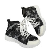 Autumn Winter Thick-Soled Washed Denim Plaid Women Casual Short Boots