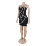 Women Sexy Irregular Beaded Patchwork Bodycon Strapless Dress