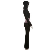 Women Street Color Contrast Lace Patchwork Long Sleeve Hooded T-shirt Pants Two Piece Set